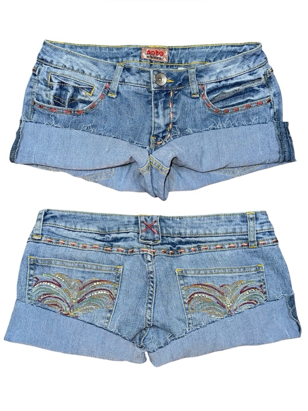 Vintage y2k Nobo Low Rise Micro Mini Jean Booty Shorts 11 / 29 Bling Embroidered